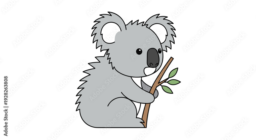 Fototapeta premium Cartoon Koala Eating Eucalyptus Branch.