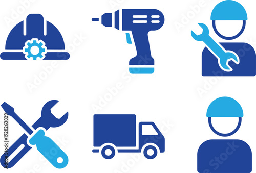 Construction and Repair Service Icons. Handyman, Tools, and Delivery Truck. Vector Illustration