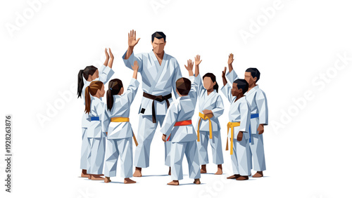 karate instructor teaching martial arts to children with colored belts hand drawn vector illustration