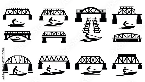 set of black silhouette icons of person water skiing under different bridge structures in simple flat style