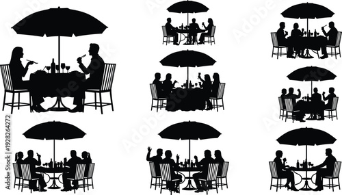 People dining at outdoor restaurant tables with umbrellas silhouettes set of couples and groups eating and drinking vector icons