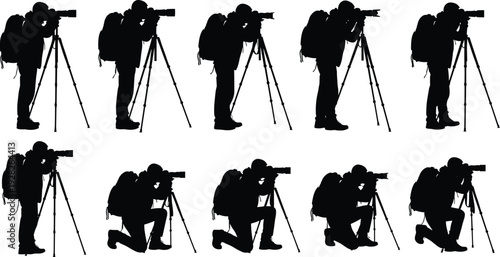 Photographer silhouettes set with travelers using tripods and professional cameras with telephoto lenses vector icons collection isolated on white