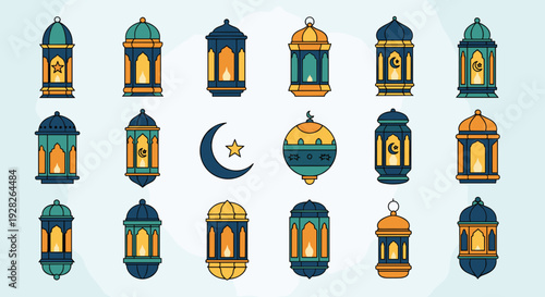 Lamp Icon Set Elegant Eid Mubarak Greeting with Glowing Lanterns, Crescent Moon and Islamic Arch Frame. Eid Mubarak Poster Design Vector Illustration 