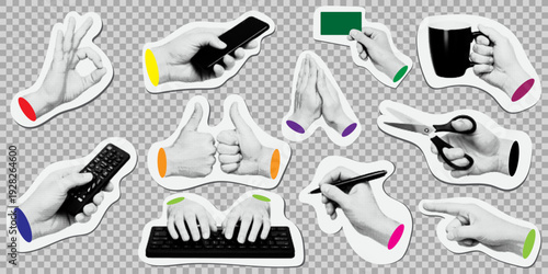 Huge set of halftone hand gestures and business actions stickers, featuring typing, holding smartphone, thumbs up, writing, and holding coffee cup in retro stippled style
