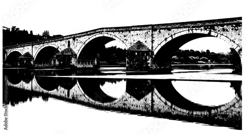 Stone bridge over still water reflecting arches and architecture