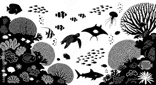 Underwater scene silhouette illustration featuring marine life and coral reefs
