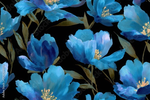 Elegant, chic, vintage seamless repeatable pattern including blue poppy flowers in full bloom on black background 