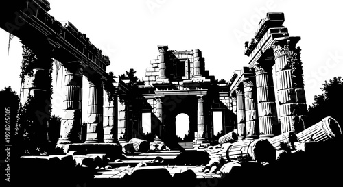 Ancient ruins illustration black and white stylized architectural scene