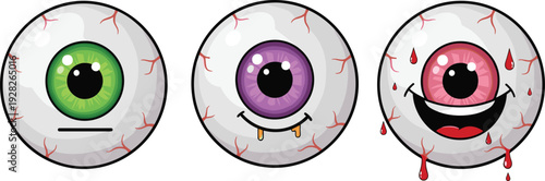 Cartoon eyeball vector illustration set, colorful iris designs with expressive faces and emotions, creative anatomy graphic art, humorous character concept, lifestyle design resource