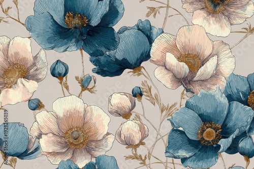 Elegant, chic, vintage seamless repeatable pattern including soft anemone florals in French toile style, ink line art