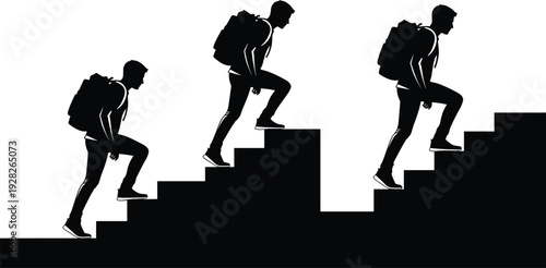 Student or hiker silhouette climbing stairs with backpack vector illustration for education career progress and personal growth success concepts