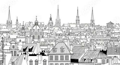 Detailed architectural illustration of a city skyline with various rooftops and spires