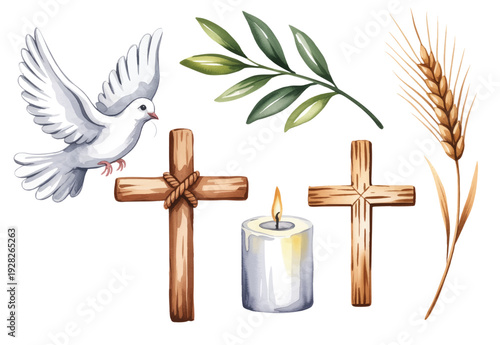 Peaceful Christian symbols collection in soft hand painted watercolor style.