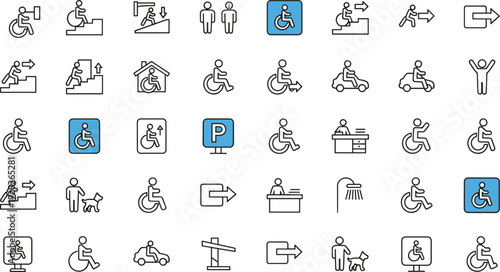 Accessible Disability Icon Set Featuring Wheelchair Users Ramps Elevators Parking Signs and Public Information Symbols for Inclusive Web Design and Navigation