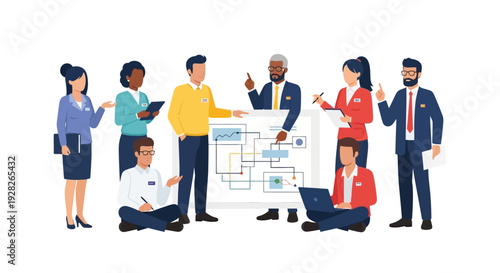 Diverse team collaborating on business strategy with flowchart