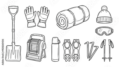 Hand-drawn collection of winter survival gear with a snow shovel, warm gloves, sleeping bag, portable heater, goggles, and thermos in a black and white sketch illustration style