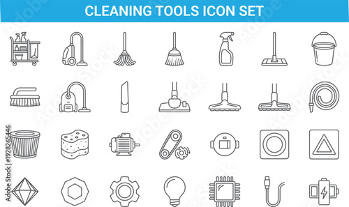 Cleaning tools icon set, outline style, housekeeping equipment, vacuum cleaner, mop, broom, spray bottle, home maintenance graphics collection