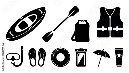 Black silhouette icon set for kayaking and water sports including a kayak, paddle, life vest, dry bag, snorkel mask, and beach accessories in a minimalist graphic style
