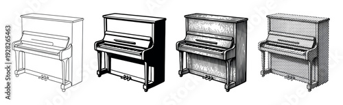 Set of four upright piano illustrations showing different graphic styles, from simple line art and silhouette to detailed engraving and halftone dot pattern for design elements
