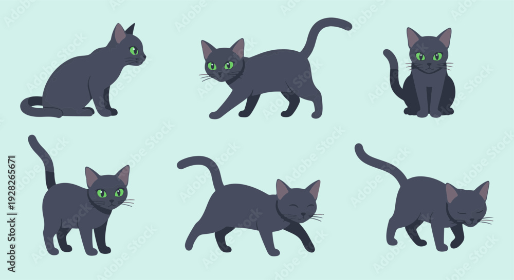 Fototapeta premium Collection of Six Cute Anthropomorphic Black Cats with Green Eyes in Various Poses Against a Light Blue Backdrop Presented as a Set of Charming Graphic Elements