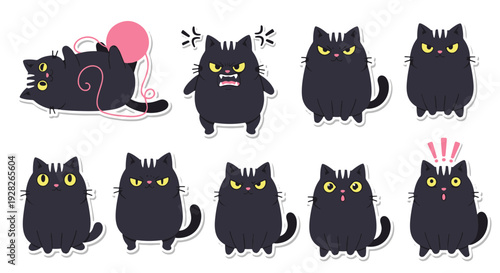 Collection of Expressive Cartoon Black Cats with Various Emotions Playful and Angry Poses Some with Yarn Perfect for Digital Art and Graphics