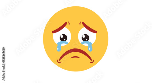 Sad Crying Yellow Face Emoji with Blue Tears Streaming Down Downturned Mouth and Heavy Red Eyebrows Showing Distress