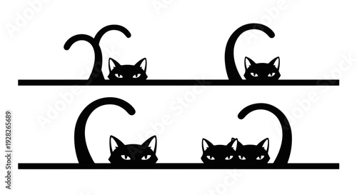 Four Playful Black Cat Faces with Bright White Glowing Eyes Peeking over a Dark Surface Tails Curving Upwards in a Whimsical Cartoon Style