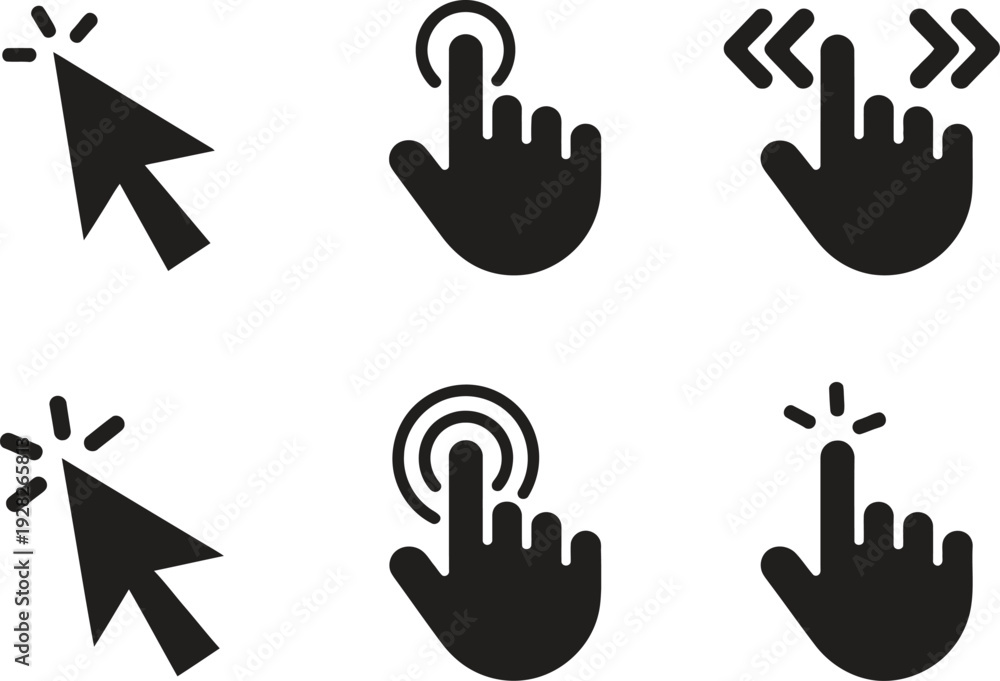 Obraz premium Computer Mouse Cursor and Touch Screen Gesture Icon Set. Click, Swipe, and Navigation Vector Illustration
