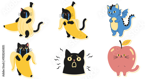 Collection of Crying Black Cats Dressed as Bananas a Cute Blue Dragon with Wings and Tail and a Pink Apple Cat with Yellow Accents