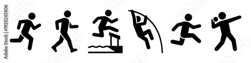 Collection of black vector sport icons depicting athletes in various track and field events like running, walking, steeplechase, pole vault, long jump, and shot put