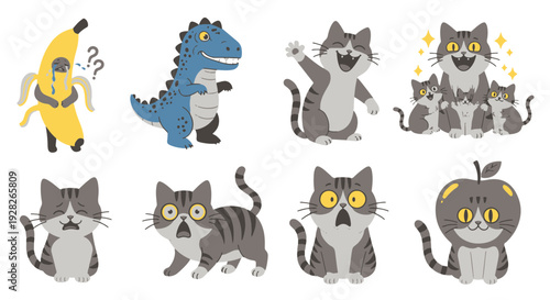 Cute Cartoon Cat Faces and a Distressed Banana with Question Marks a Friendly Blue Dinosaur and a Stylized Apple Design Isolated on Black