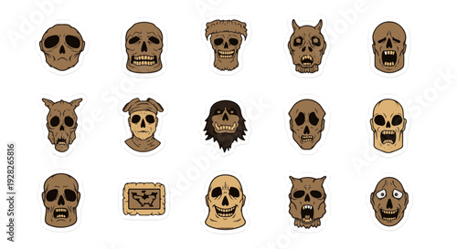Collection of 15 Different Creepy Brown Skulls and a Tattered Treasure Map with Stylized Skull Icons Set on White Background