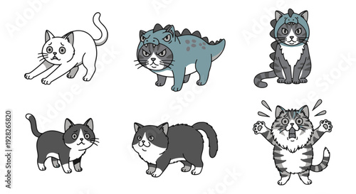 Adorable Cartoon Feline Characters Exhibiting Diverse Emotions from Surprise to Grumpy Including a Funny Dinosaur Costume