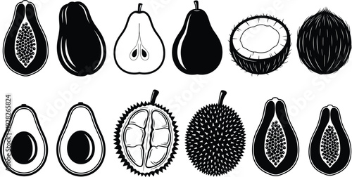 Collection of black and white tropical fruit vector icons including papaya durian coconut pear and avocado illustrations in minimalist line art style for graphic design