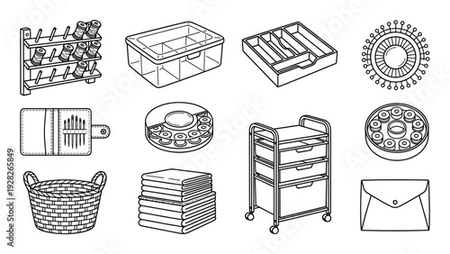 Set of sewing and craft supplies icons including a thread rack, storage box, pincushion, and rolling cart in a clean black and white line art illustration style