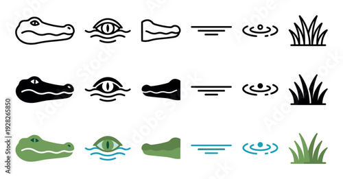 Set of alligator and swamp icons showing a reptile head, eye, snout, water, and grass in three different styles: outline, solid glyph, and flat color vector illustration
