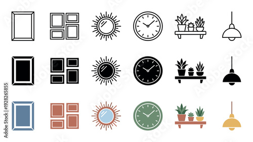 Home decoration and furniture icon set with a picture frame, gallery wall, sunburst mirror, clock, potted plants, and lamp in line, solid, and color variations