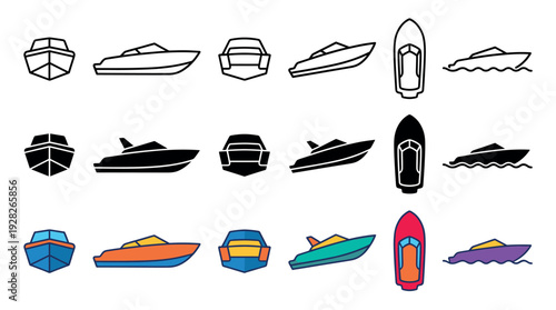 Collection of motorboat vector icons in line art, silhouette, and colorful flat styles showing various angles like front, side, and top-down views for transportation design