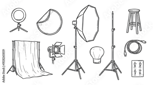 Photography studio equipment outline icon set – softbox, ring light, tripod, backdrop