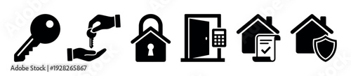 Set of black real estate icons showing a key, property handover, house lock, secure door, contract, and home protection shield for web and graphic design