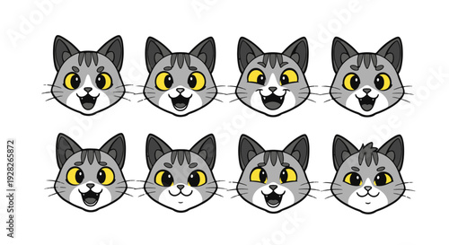 Collection of Expressive Cartoon Grey Tabby Cat Faces with Yellow Eyes Showing Various Emotions and Mouth Open Expressions