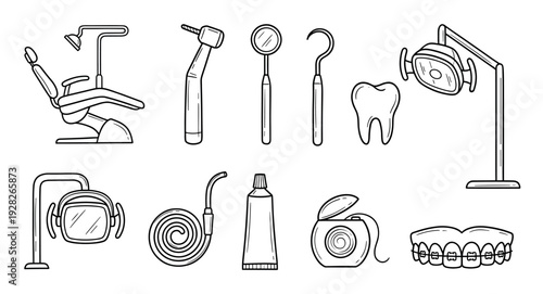 Set of black and white dental icons showing a chair, tools, tooth, braces, and hygiene products in a simple hand-drawn line art style for medical or healthcare concepts