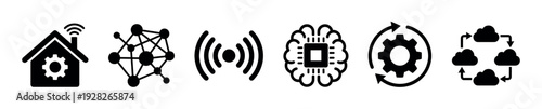Six black vector icons for technology concepts like smart home, neural network, wireless signal, artificial intelligence, automation gear, and cloud computing synchronization