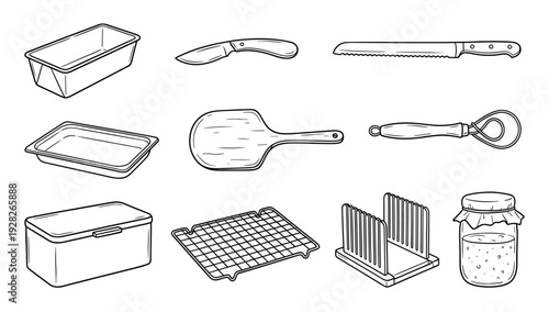 Set of bread baking tools and equipment including a loaf pan, knife, whisk, and cooling rack in a hand-drawn black and white line art illustration for culinary concepts