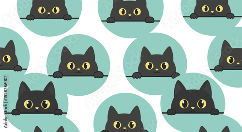 Cute Cartoon Black Cat Faces Peering over a Light Blue Surface with Round Cutouts Against a Black Background Playful Minimalist Design