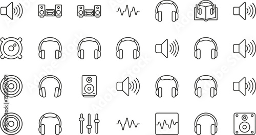 Audio and Sound Icon Set Featuring Headphones Speakers Volume Controls Sound Waves Mixers and Music Equipment Symbols for Multimedia Digital Design