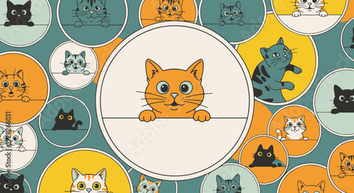 Whimsical Cat Faces Peeking from Colorful Circles in a Retro inspired Pattern Charming and Playful Illustration for Design