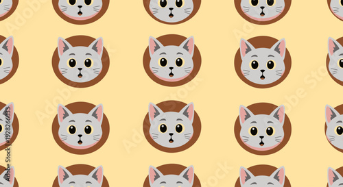 Adorable Cartoon Gray Cat Faces Peeking from Behind Round Brown Frames on a Pale Yellow Seamless Pattern Background