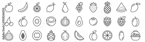 Fruit Category Navigation line icon set. Apple, banana, orange, lemon, pear, pineapple, watermelon slice, avocado, fruit basket outline vector illustrations. Signs for grocery menu.