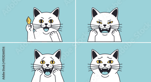 Four Panels of a Black Cat with Yellow Eyes Expressing Different Emotions with Its Paws and Mouth Holding a Yellow Object in the First Panel